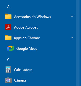 Menu do Windows mostrando o WPA do Google Meet